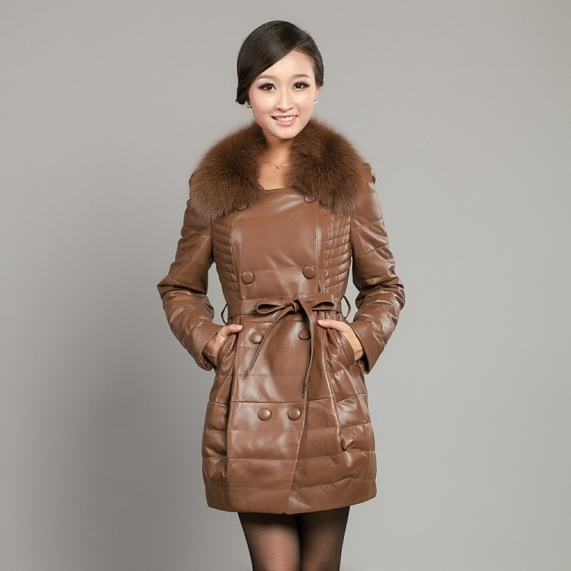 2012 genuine leather clothing women's genuine leather down coat leather clothing female fox fur medium-long