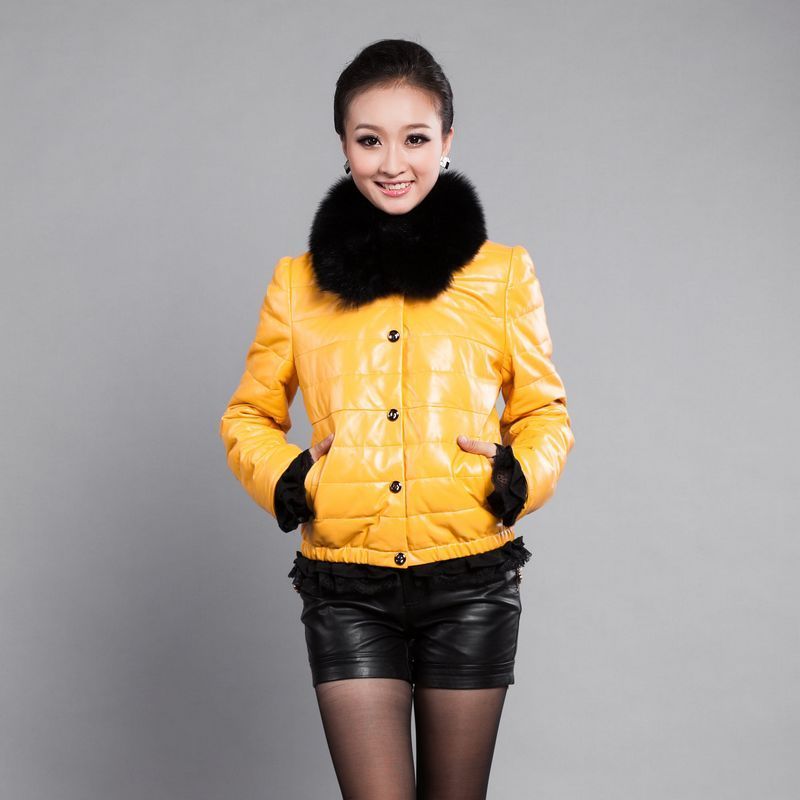 2012 genuine leather down coat female short design fox fur sheepskin down coat lace