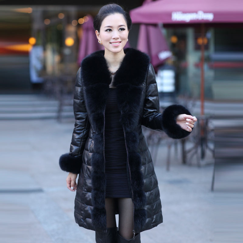 2012 genuine leather down coat leather clothing female medium-long outerwear sheepskin leather clothing fox fur sewing free ship