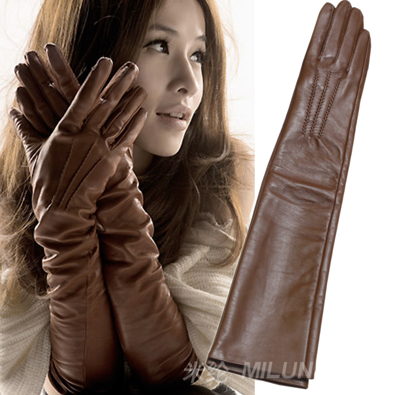 2012 genuine leather plus velvet thermal women's long design sheepskin touch screen gloves