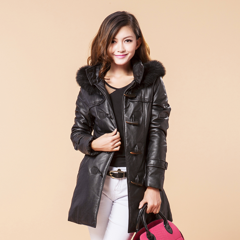 2012 genuine sheepskin leather down coat medium-long female large fox fur collar leather clothing