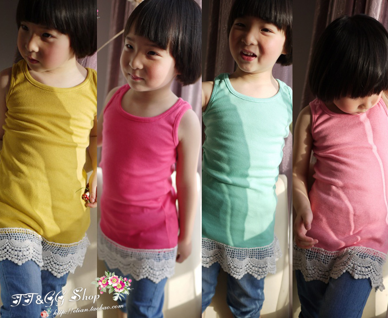 2012 girls clothing 100% candy color cotton thread long design sleeveless lace vest 4