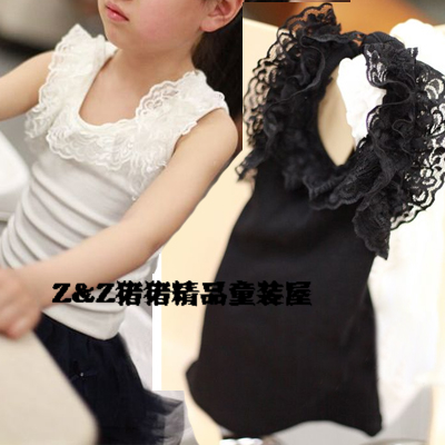 2012 girls summer clothing small gentlewomen lace decoration vest spaghetti strap top t-shirt black-and-white 2