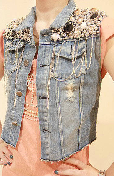 2012 gorgeous fashion big rhinestone hole personalized denim women's vest