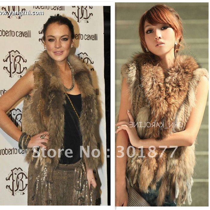 2012 High Fashion New Design Lady's Knitted Rabbit Fur Vest With Raccoon Dog Collar