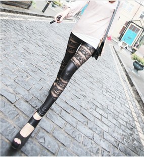 2012 high quality lace faux leather horizontal stripe double ankle length legging rose legging