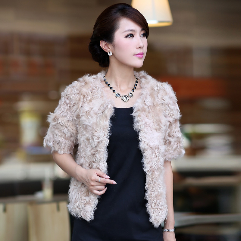 2012 HIGH QUALITY Luxurious Women Winter Genuine Real Lamb Fur Sheep Wool Half Sleeve Coat Outerwear Black Beige Color