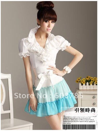 2012 high quality white short-sleeve ruffle  shirt professional women's slim  stand collar blouse B0105