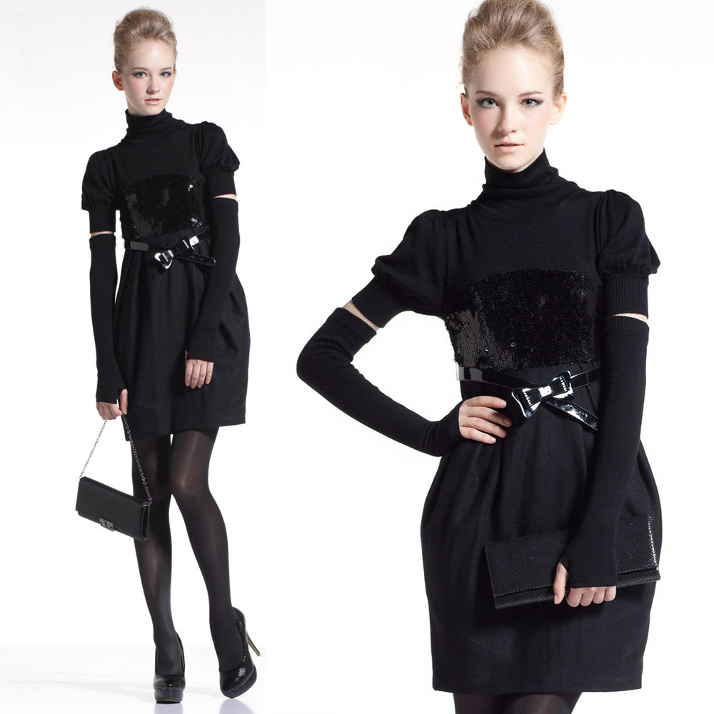 2012 high quality wool one-piece dress short-sleeve turtleneck sweater patent leather decoration dress free shipping