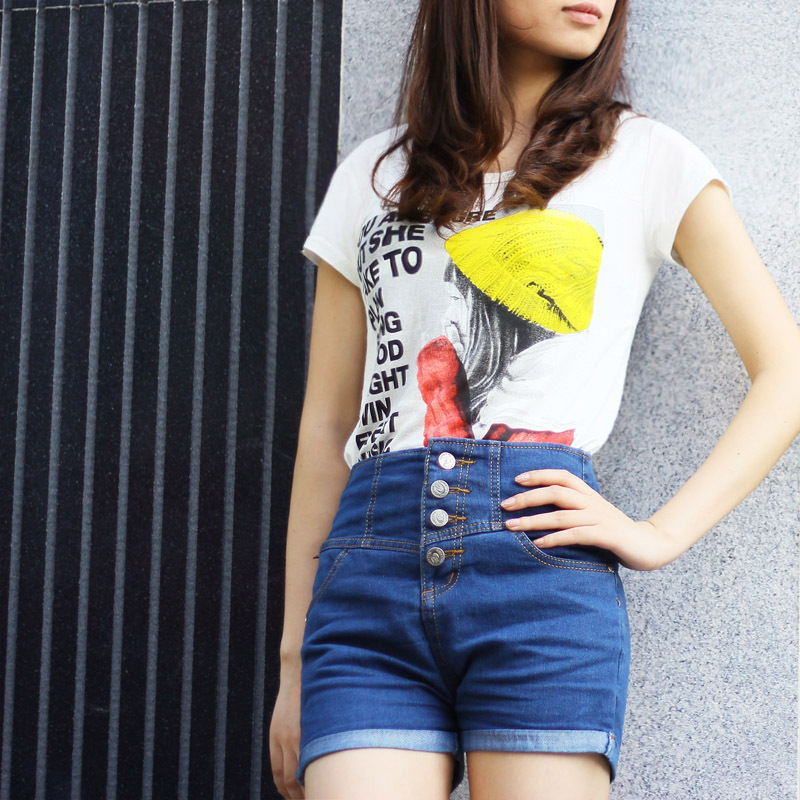 2012 high waist denim shorts single breasted roll-up hem high waist shorts female plus size vintage free shipping