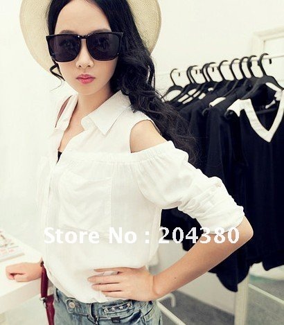 2012 Hitz Korean style small sexy Strapless loose long-sleeved pocket women shirt shirts / women blouse & blouses