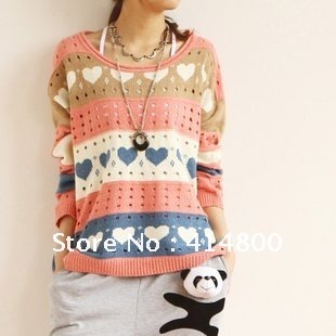 2012 Hitz women of color stripe printed Crewneck sweater cardigan sweater fashion love pierced  Free size