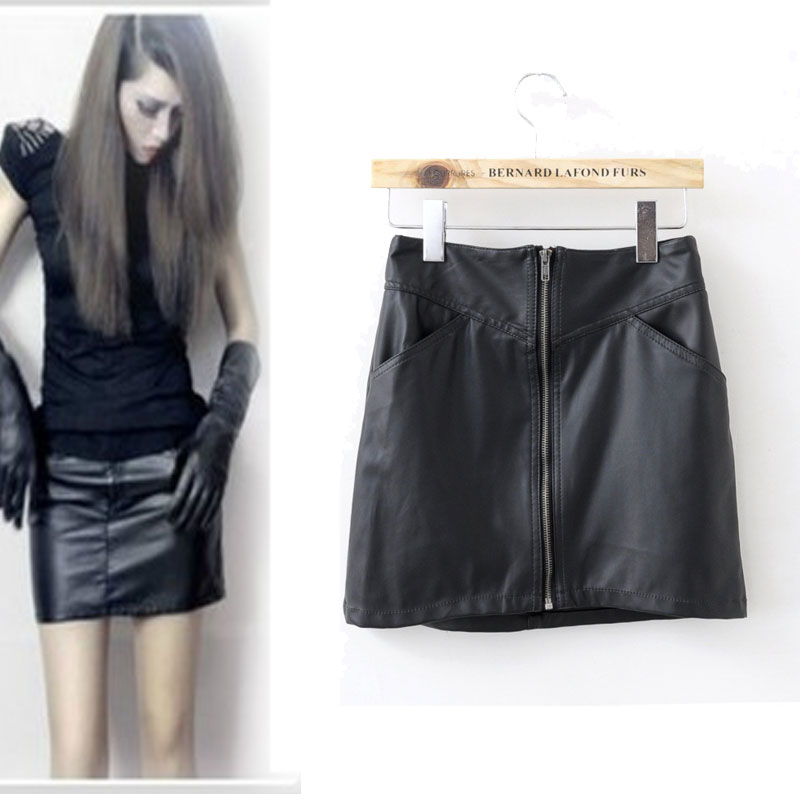 2012 hm front zipper slim sexy slim hip leather skirt zipper dress bust skirt a-line skirt free shipping