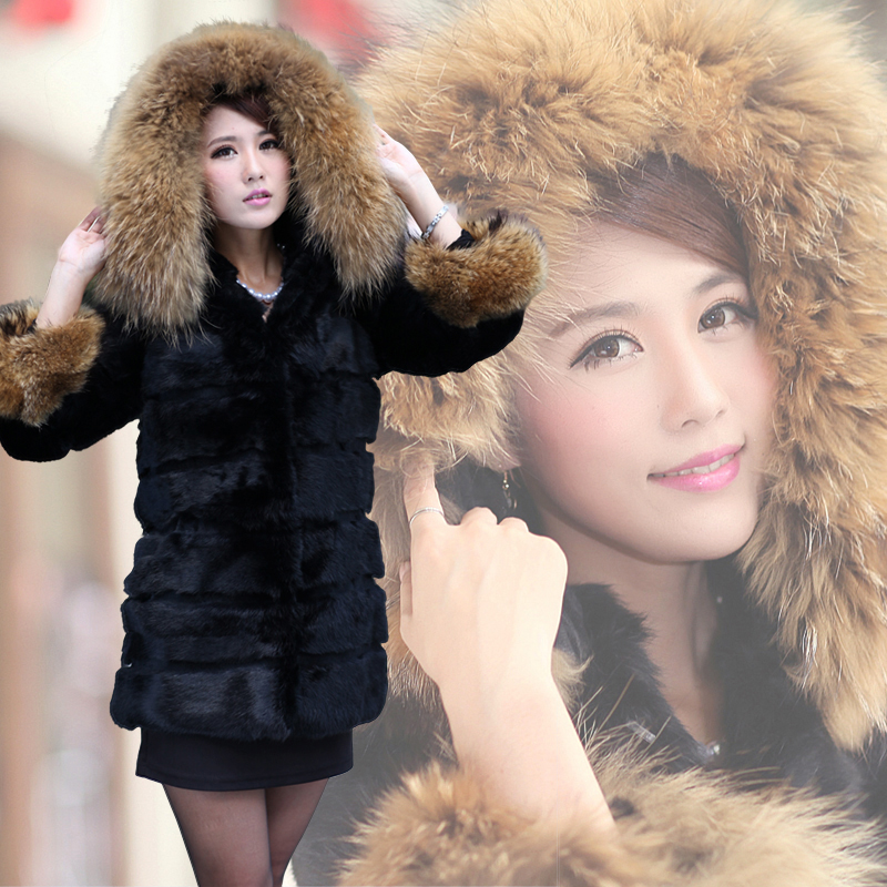 2012 hooded rabbit fur coat medium-long a-303