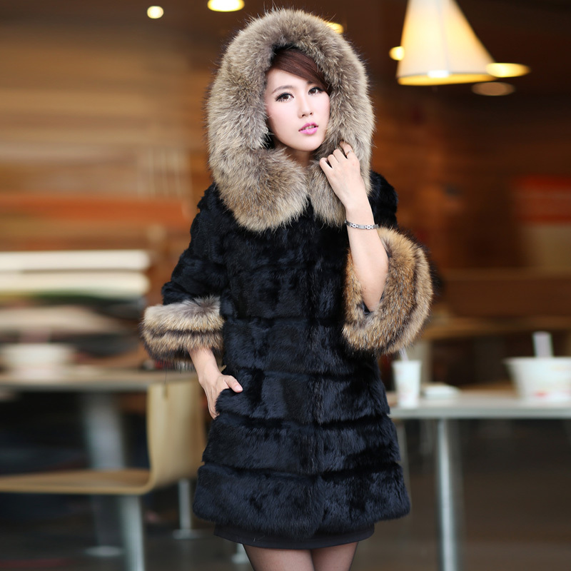 2012 hooded slim rabbit fur coat large raccoon fur outerwear