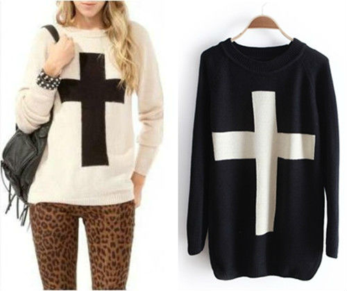 2012 Hot ! Crew Neck Cross Pattern  Pullover Sweater Top Black Beige Free Shipping 0111#