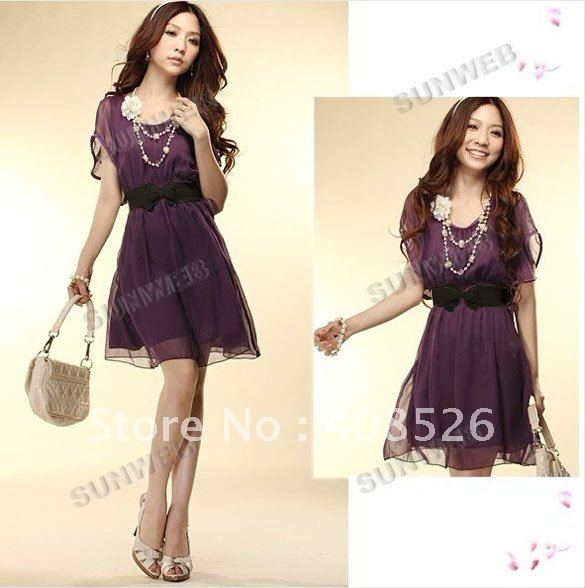 2012 Hot Fashion Women's Lady Short Sleeve Crew Neck Chiffon Dress Roll Wave spins free shipping  3568