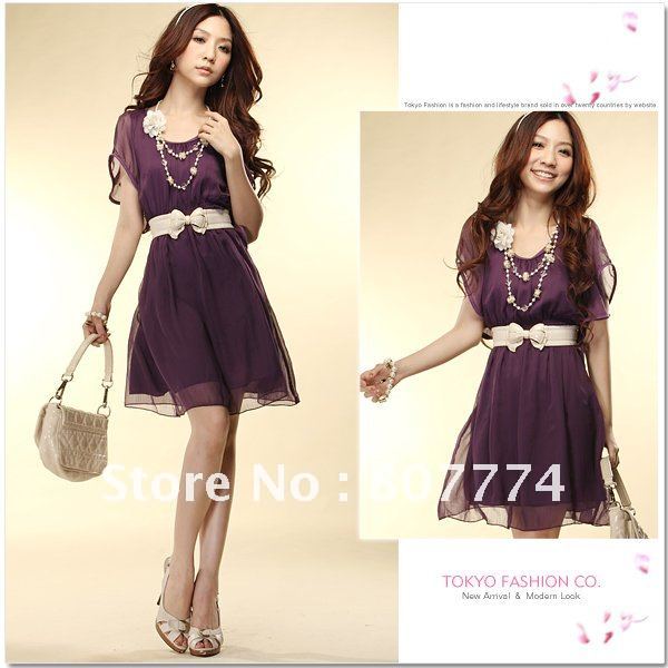 2012 Hot Fashion Women's Lady Short Sleeve Crew Neck Chiffon Dress Roll Wave spins free shopping