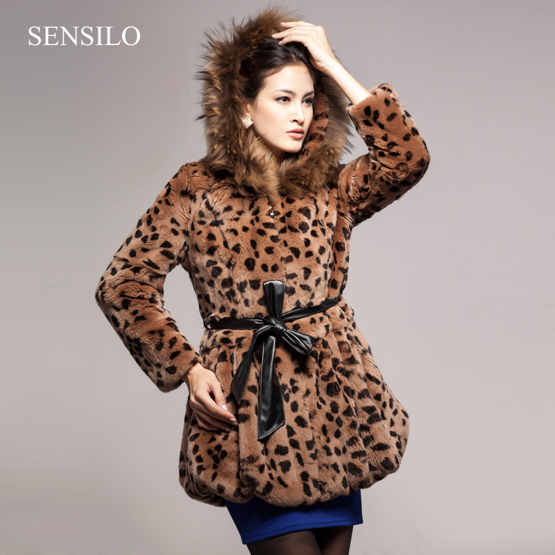 2012 hot female leopard print rex rabbit fur coat raccoon fur hoody trim medium-long slim outerwear free shipping fur garment