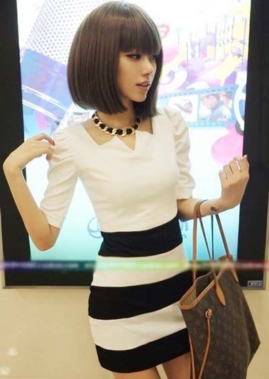 2012 hot new style fashion cheap promotion black and white patchwork slim half sleeve peter pan collar women's casual dress