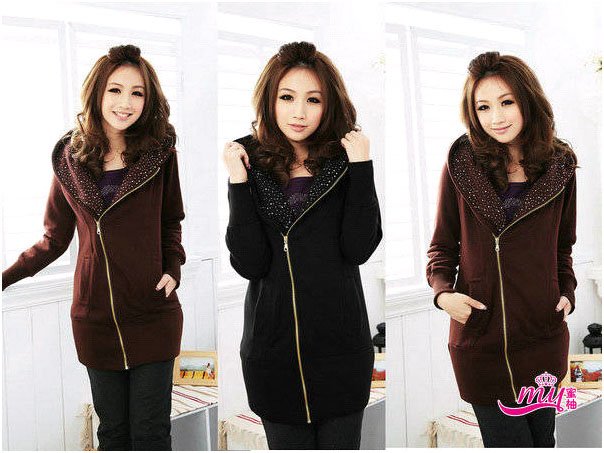 2012 hot sale new winter korea strass collar zipper up  hot fleece jacket womens coat sweatshirt top M,L size