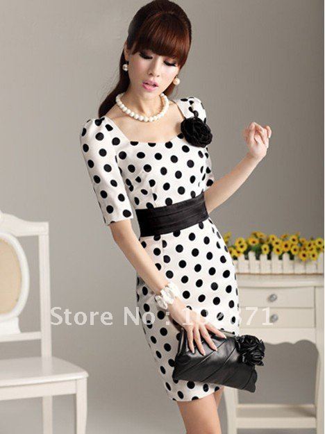 2012 Hot Sale Women fashion dress , Slim Dresses Dot Bow dress size :S,M,L,XL,XXL