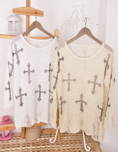 2012 Hot Sale Women's Fashion Wildfox Cross Print Pullover Sweater Ladies Hole Knitting Sweaters Free Shipping Christmas