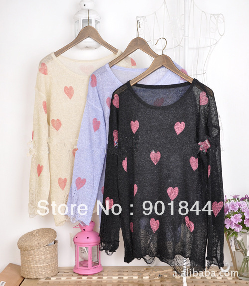 2012 Hot Sale Women's Fashion Wildfox Heart Print Pullover Sweater Ladies Hole Knitting Sweaters Free Shipping Christmas