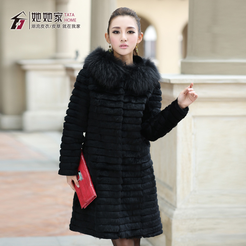 2012 Hot Sell Fashion Weave Style Women Genuine Rabbit Fur With Raccoon Collar Long Coat Outerwear M/L/XL/XXL Size Free Shipping