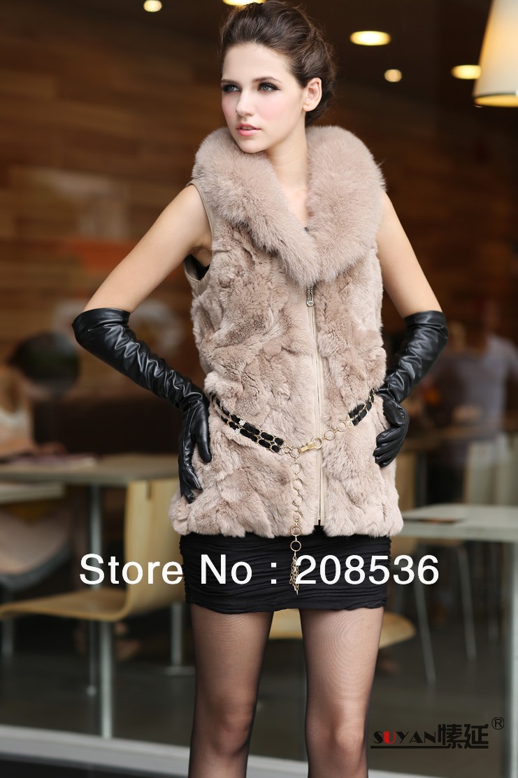 2012 Hot Sell Luxuriou Women Lady Genuine Rex Rabbit  With Fox Fur Collar Sleeveless Coat Outerwear 6 Color 5size Free Shipping