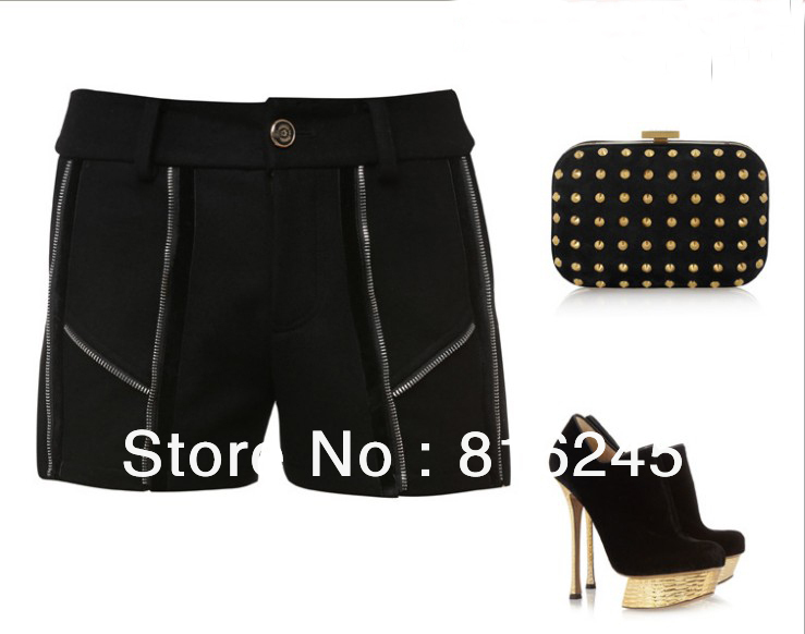 2012 hot sell women's shorts, wool pants zipper decoratioin, PU leather hot pants middle-rise straight shorts