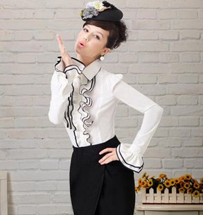 2012 hot selling fashion white falbala hubble-bubble Shitsuke OL shirts