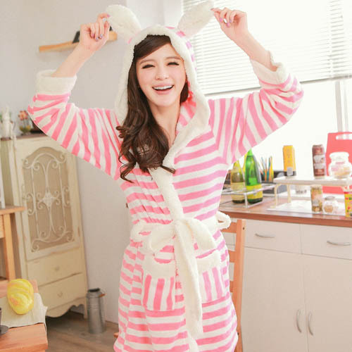 2012 hot-selling stripe with a hood coral fleece robe flannel bathrobe autumn and winter women's cartoon sleepwear