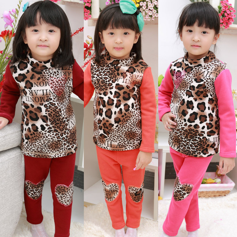 2012 hot-selling winter 100% cotton plus velvet thickening leopard print child thermal underwear children underwear set