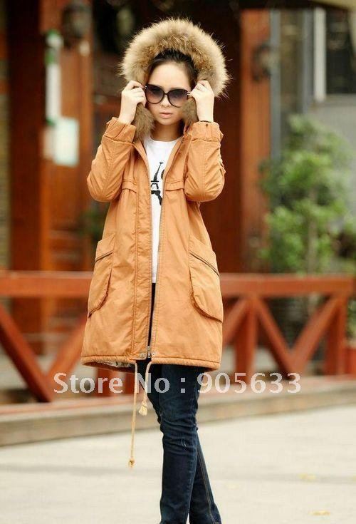 2012 Hot Winter Wadded Coat Women's Large Fur Collar Army Style Cotton-padded Jacket Warm Long Clothes Free Shipping WWM008