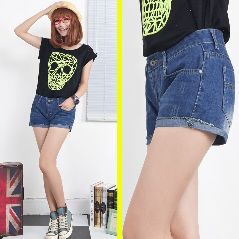 2012 jeans female summer shorts hole roll-up hem loose shorts roll up hem