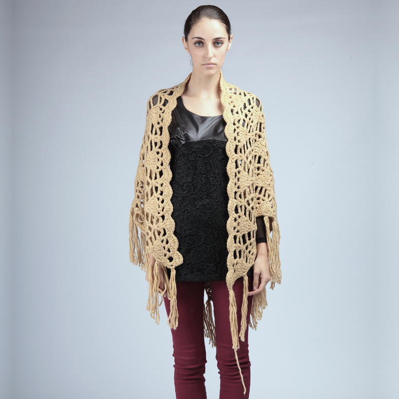 2012 knitted all-match crochet tassel cutout wool knitted cloak cape women's line sweater female