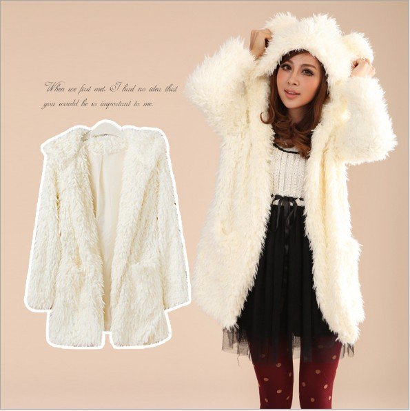 2012 Korea New Autumn Winter Lady's Cute Bear Hooded Pure Lamb Wool Cardigan Jacket Hot Selling Women Fur Freeing Shipping WJC13