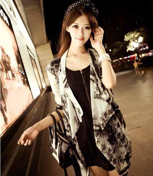 2012 Korea New Women/Lady's Sexy Temperament Tie-dye Mini Sleeve Cardigan Chiffon Smock Coat Tops Shirt Blouse Little Jacket