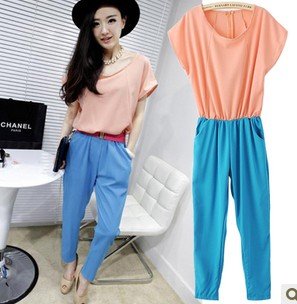 2012 Korea style,women's fashion contrast color jumpsuit,chiffion jumpsuit,casual pants,3 color,free size,belt as gift.