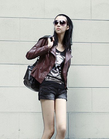 2012 Korea Style Women's PU Leather Jacket Short Outerwear Motorcycle Jacket --Brown 1133