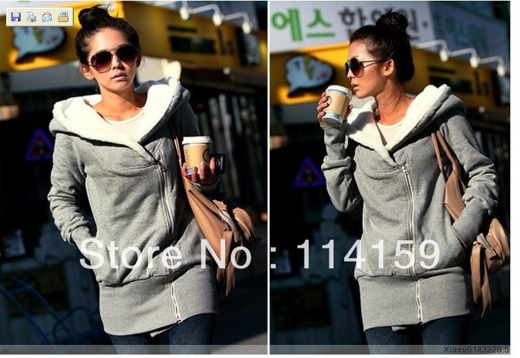 2012 Korea Women Hoodies Coat Warm Zip Up Outerwear Sweatshirts 2 Colors Black Gray