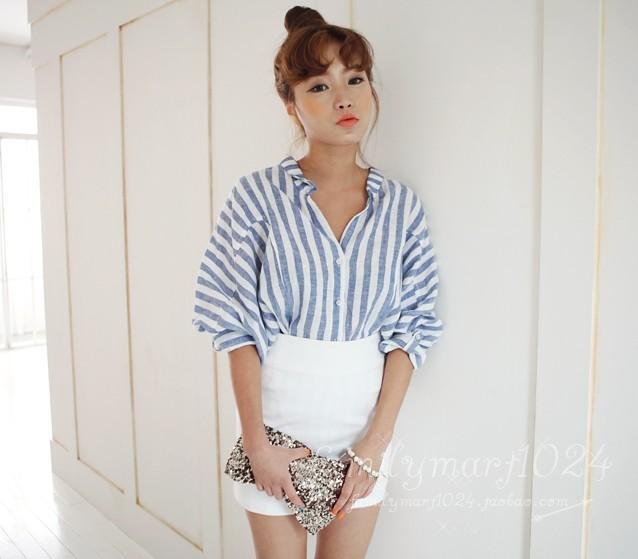 2012 Korean fashion fresh autumn new linen women shirts & blouses / leisure blouses / women shirts fresh striped bat shirts