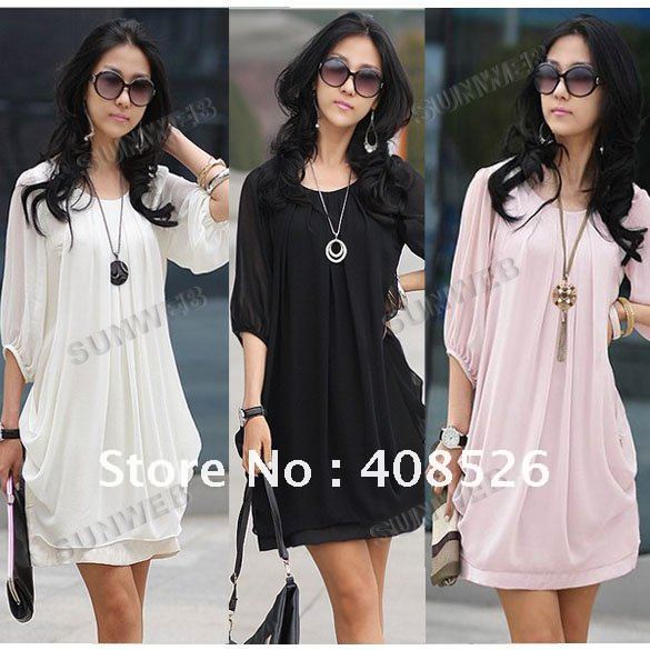 2012 Korean sexy Ladies Sundress Graceful Gentlewomanly Chiffon Dress Bracelet Sleeve White, Black,Pink Free Shipping3167