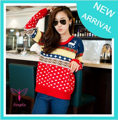 2012 Korean Style Autumn Winter Christmas Deer New Design Colourful Loose Long Sleeve Stripe Pullovers Sweater Women WS-023