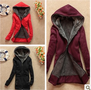 2012 korean style Womens Fleece Warm Coat Jacket Outerwear cotton dress Hoodie Hooded Solids Zip-up Casual