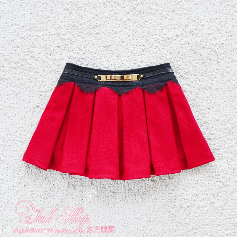 2012 lace cummerbund woolen pleated skirt short skirt culottes bust skirt female Leather