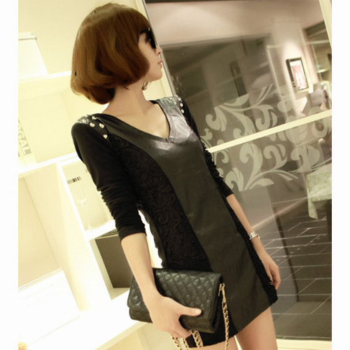 2012 lace patchwork sexy japanned leather thin basic one-piece dress women's