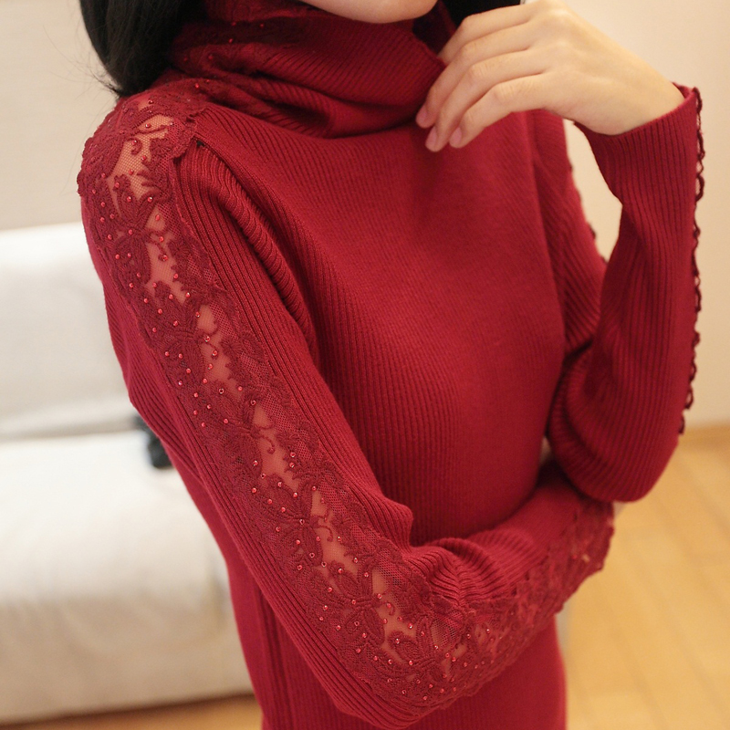 2012 lace rhinestones long-sleeve slim hip medium-long knitted basic shirt