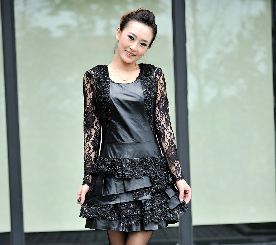 2012 lace sheepskin genuine leather slim one-piece dress full dress